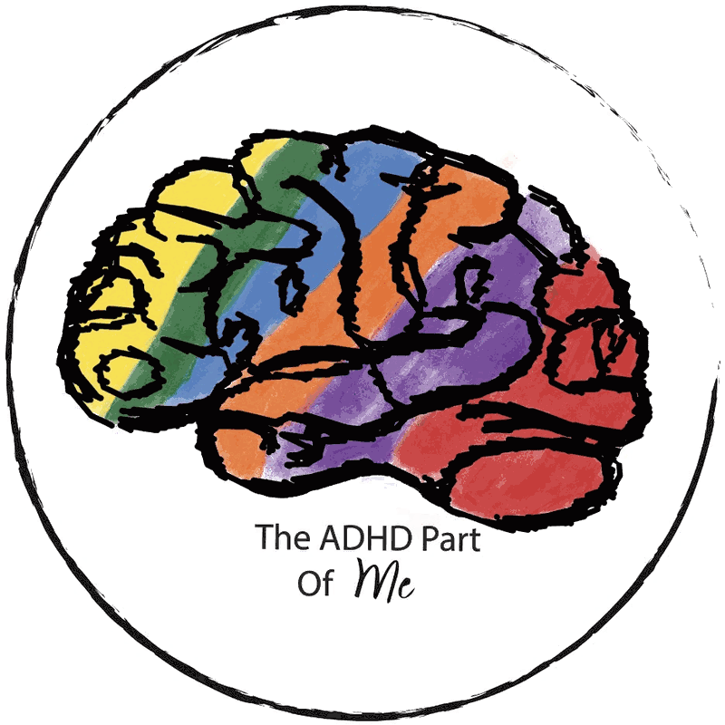 The ADHD Part of Me — a hand-drawn brain in watercolour stripes